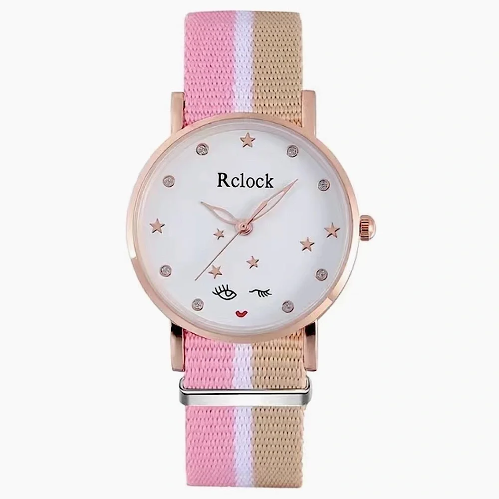 Watch Women’s Analog Round  Adjustable Preppy Stripe Canvas Band Pink Tan